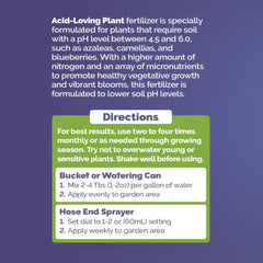Close-up of Bloom City Acid-Loving Plant Fertilizer label and measurements