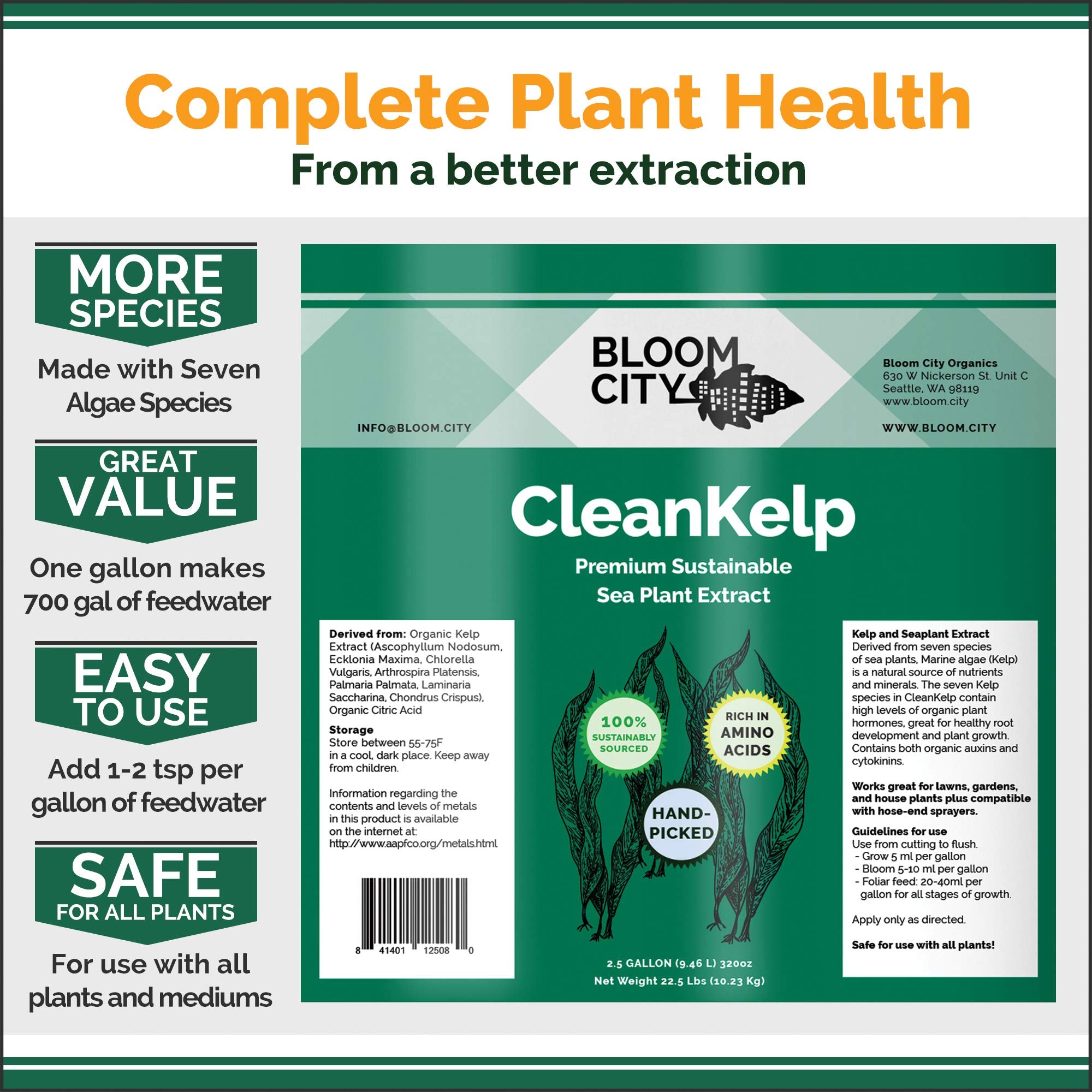 Close-up of Bloom City Seaweed and Kelp Liquid Fertilizer label and instructions