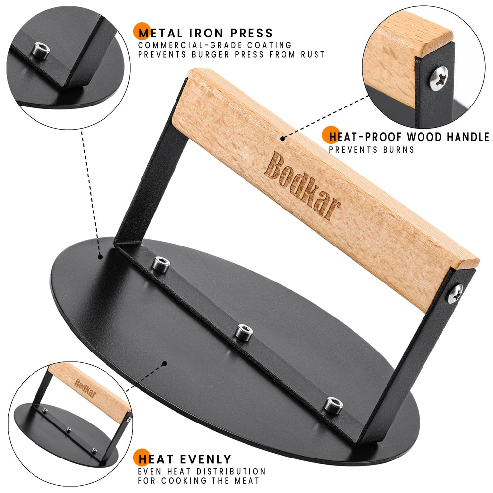 Close-up of bodkar 6-inch round burger press surface