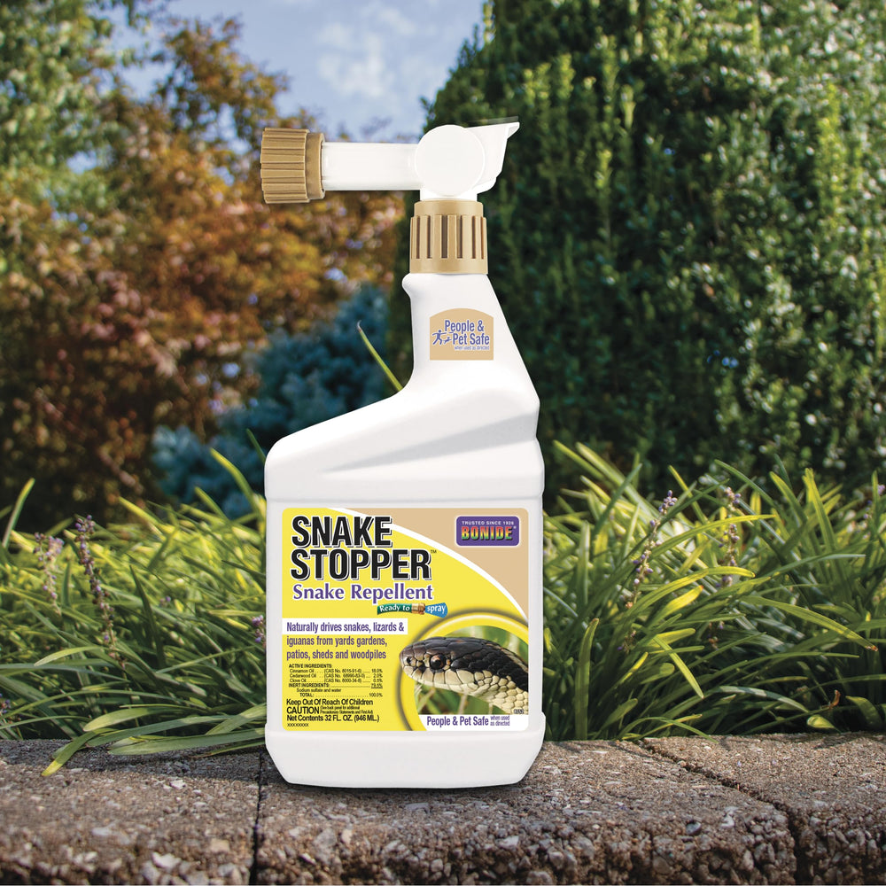 Close-up of Bonide Snake Stopper Snake Repellent nozzle and spray pattern