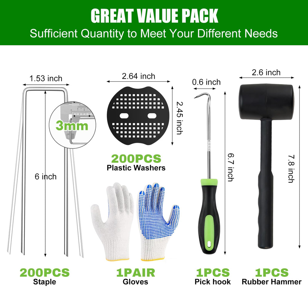 Close-up of Boochcom U-shaped garden staples and fixing gaskets