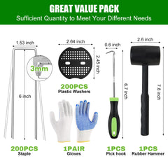 Close-up of Boochcom U-shaped garden staples and fixing gaskets