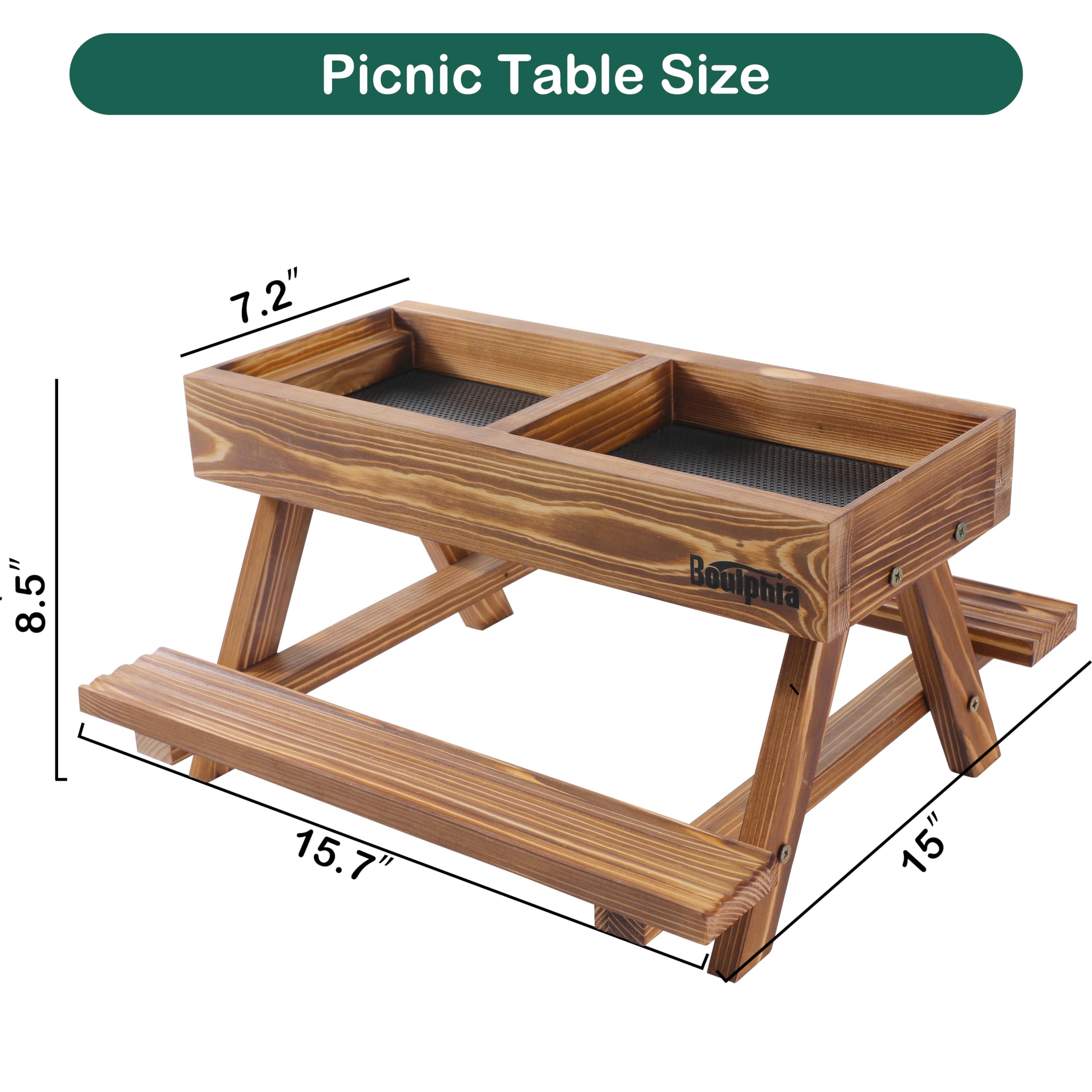Close-up of Boulphia chicken feeder with food on benches