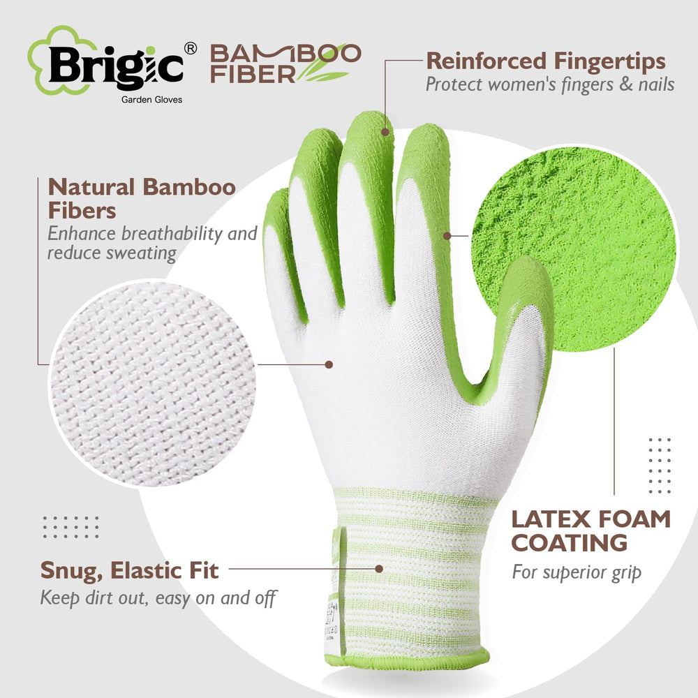 Close-up of Brigic Bamboo Gardening Gloves showing latex palm
