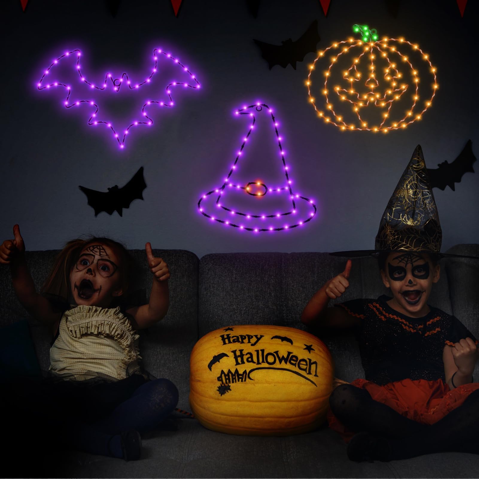 Close-up of Bstge Halloween Bat Window Lights showing lighting modes