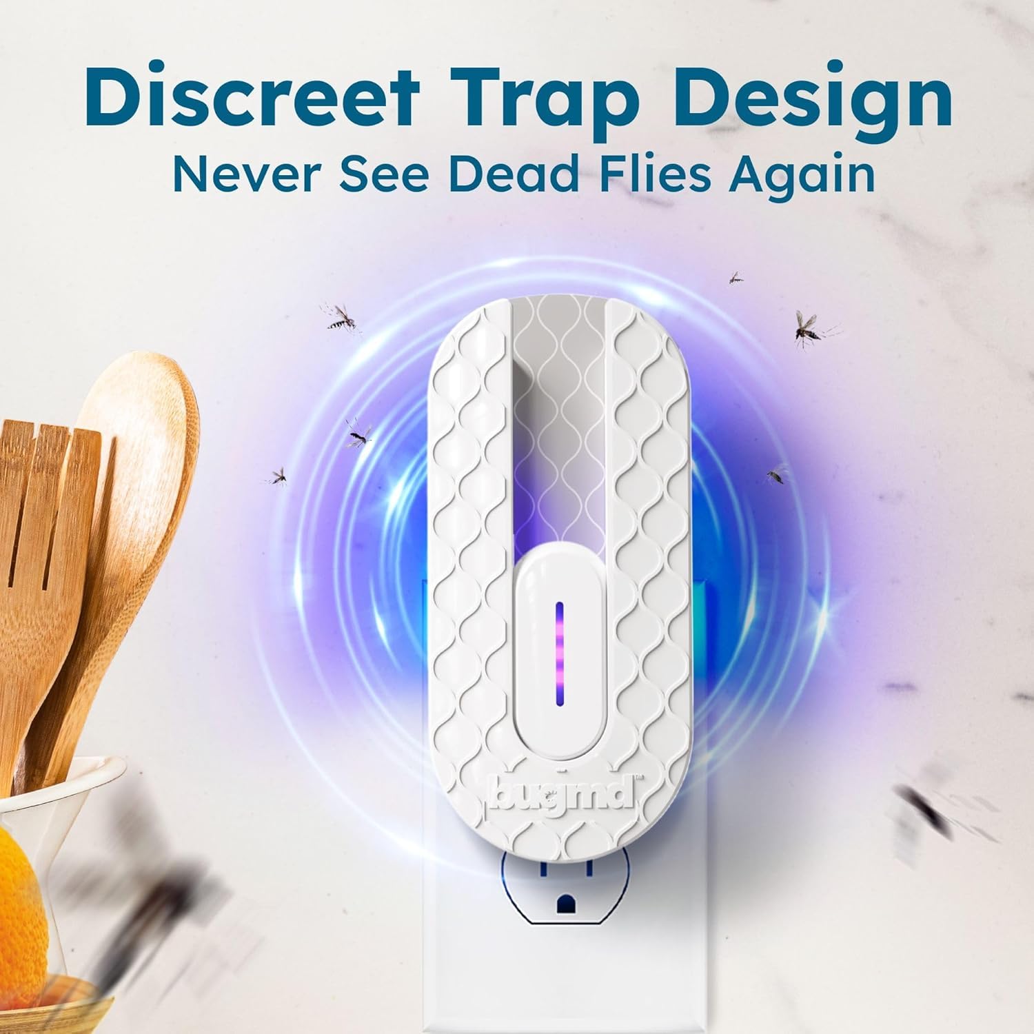 Close-up of BugMD fly trap plugged into a wall outlet