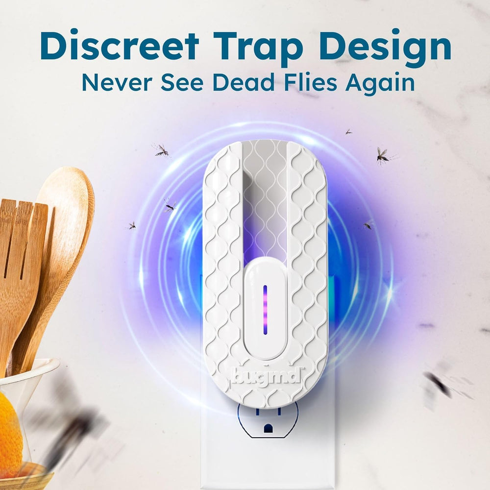 Close-up of BugMD fly trap plugged into a wall outlet