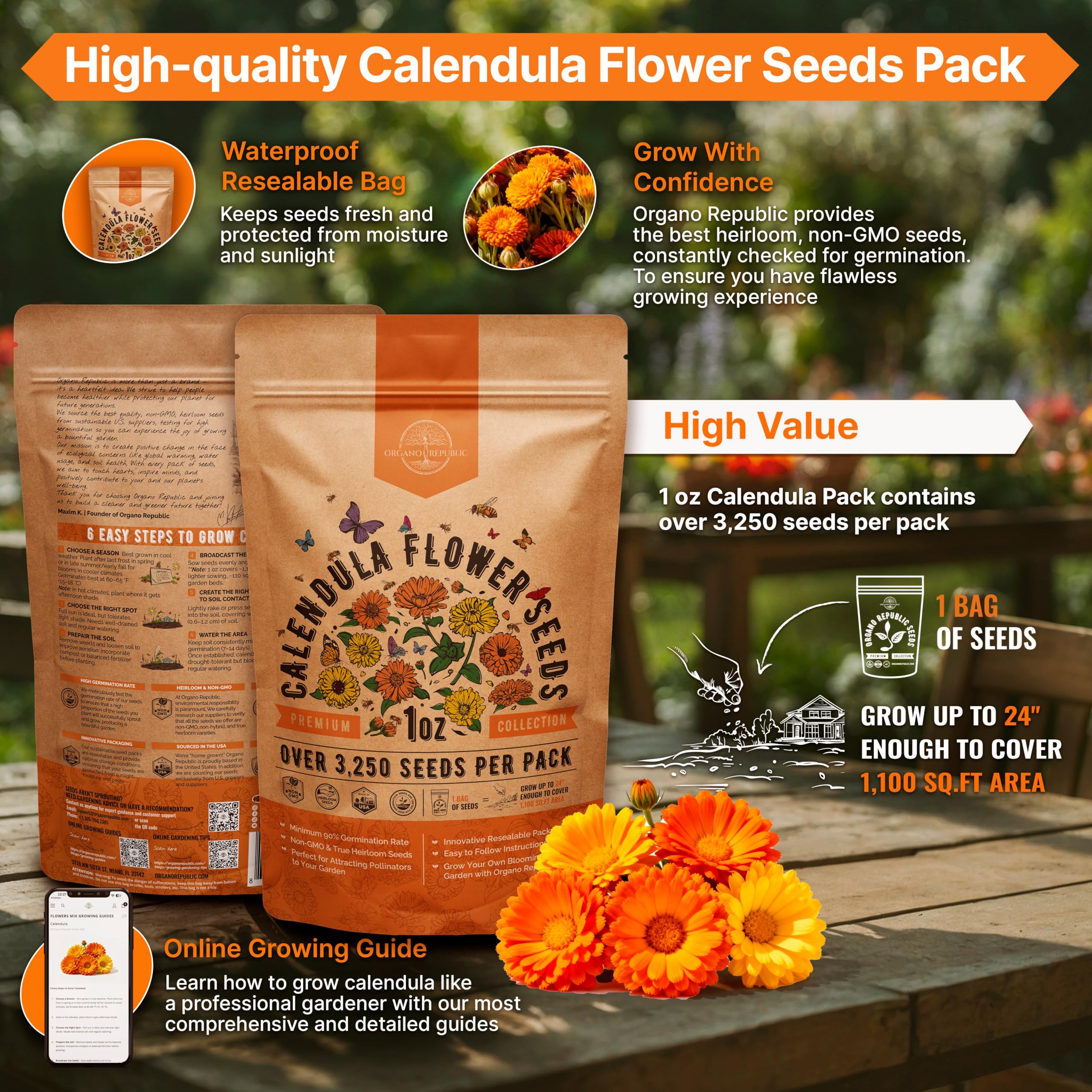 Close-up of Calendula seeds in resealable package