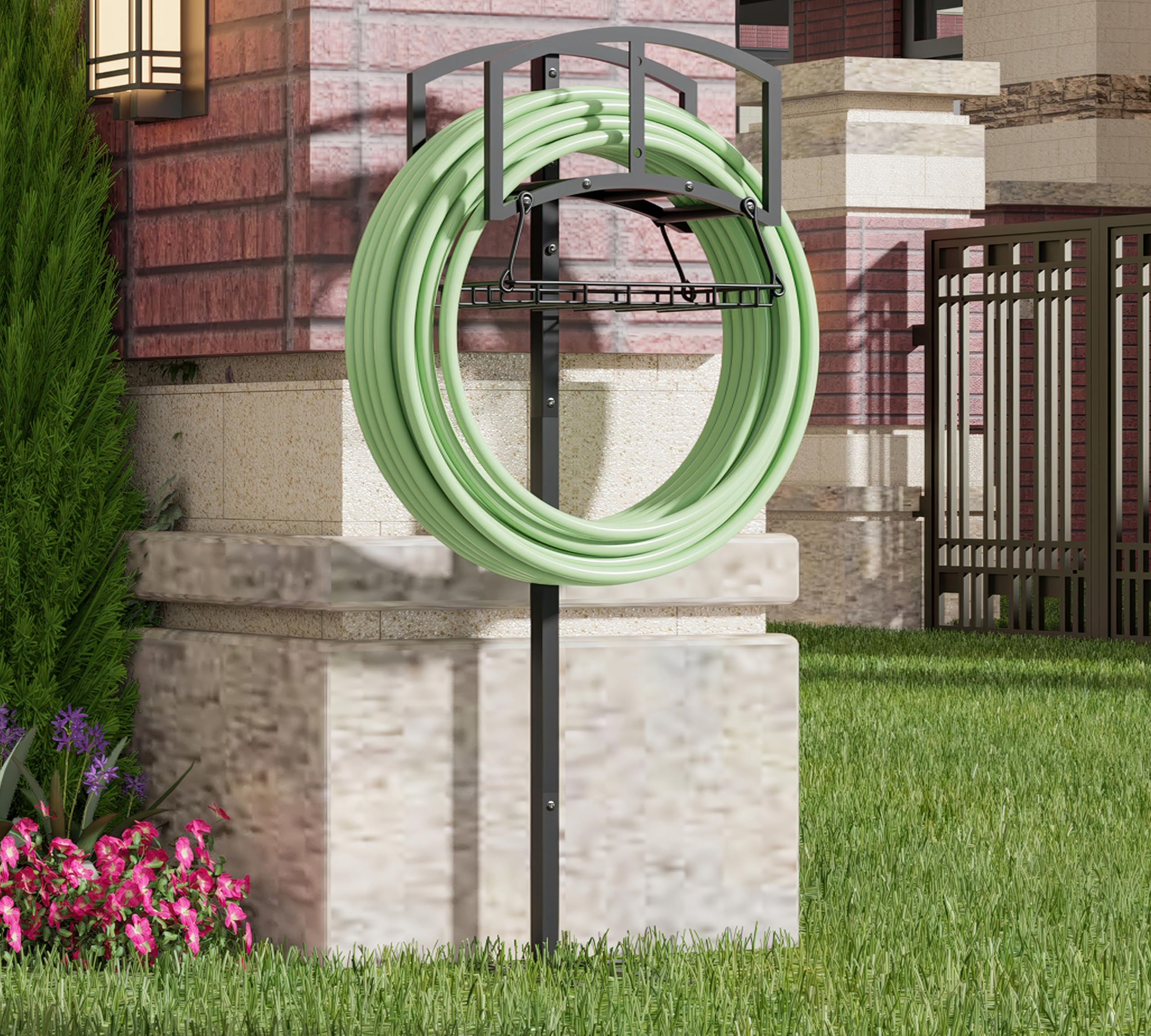 Close-up of CALIDOLA Garden Hose Holder with hose neatly stored