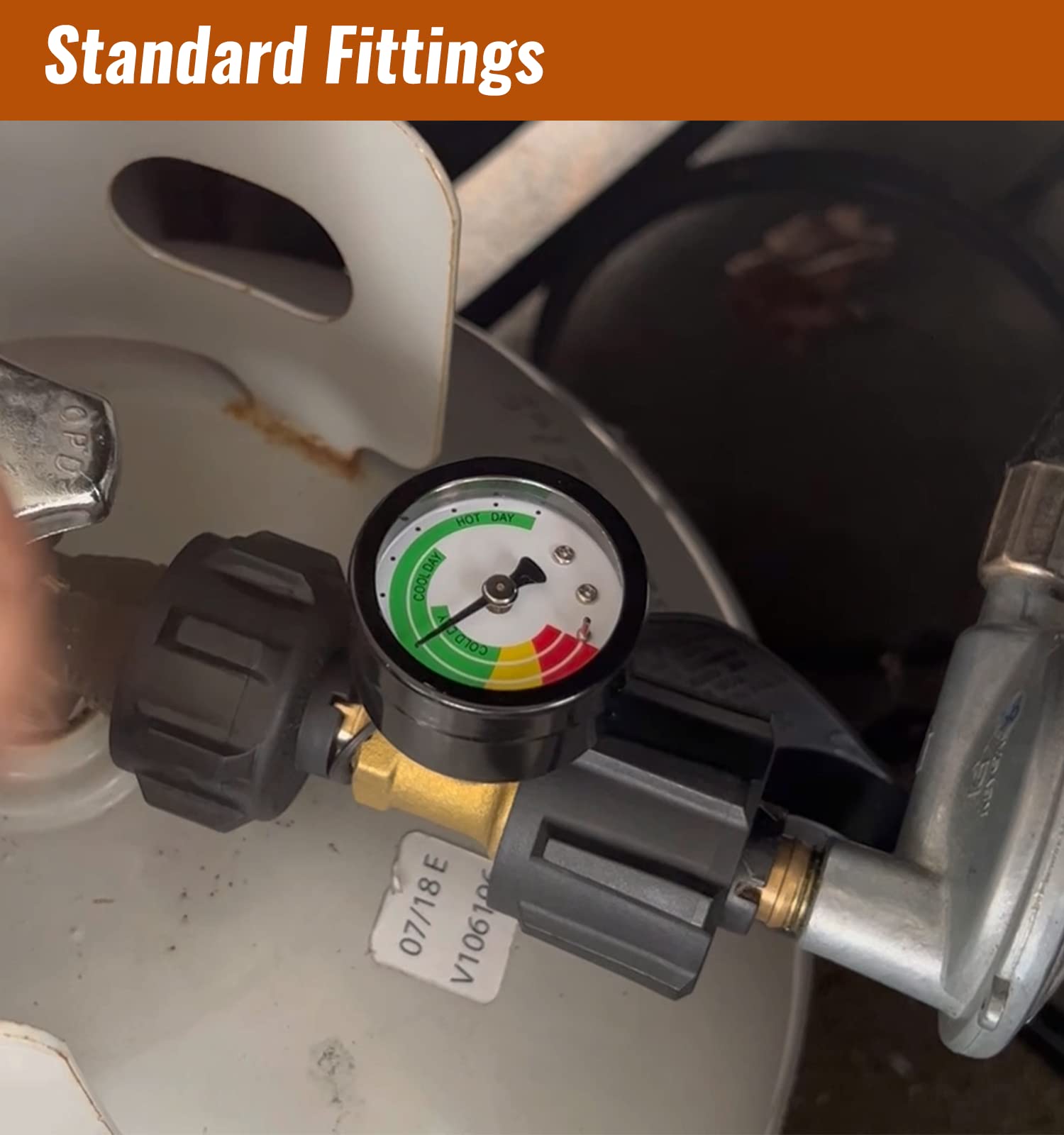 Close-up of CALPOSE Propane Tank Gauge showing green indicator