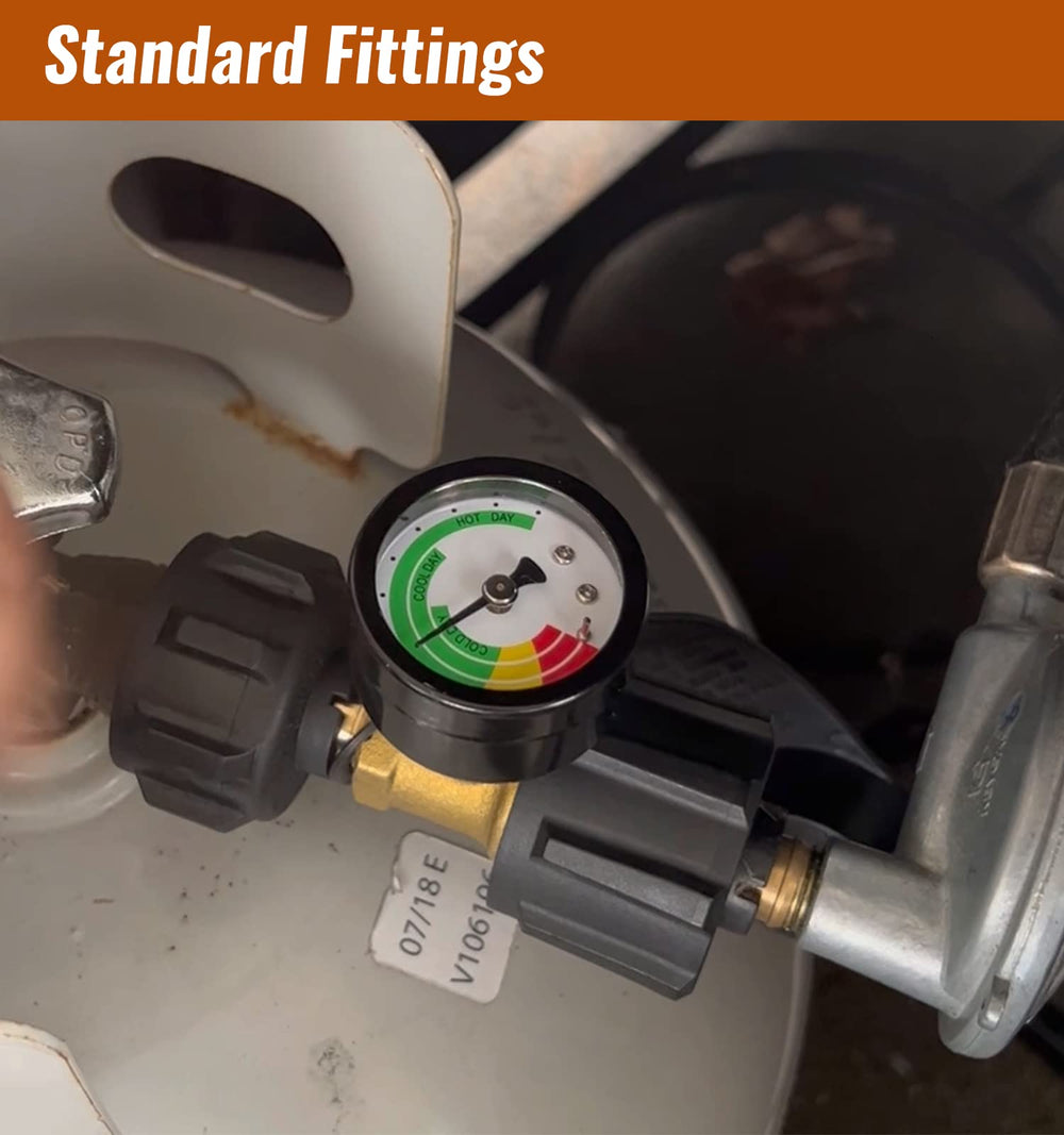 Close-up of CALPOSE Propane Tank Gauge showing green indicator