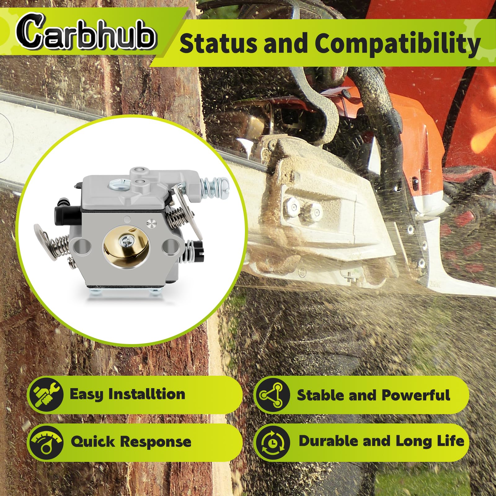 Close-up of Carbhub Carburetor with fuel line and gasket