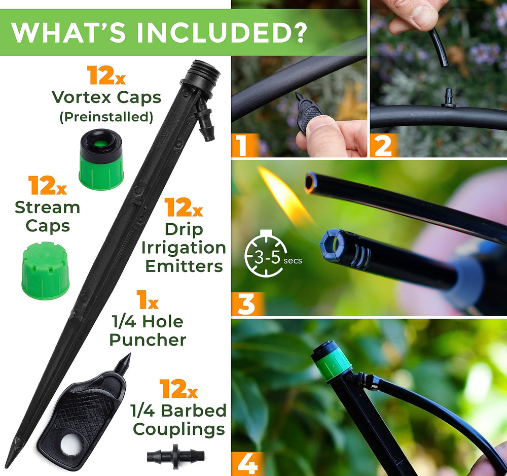 Close-up of CARPATHEN drip emitters showing adjustable caps
