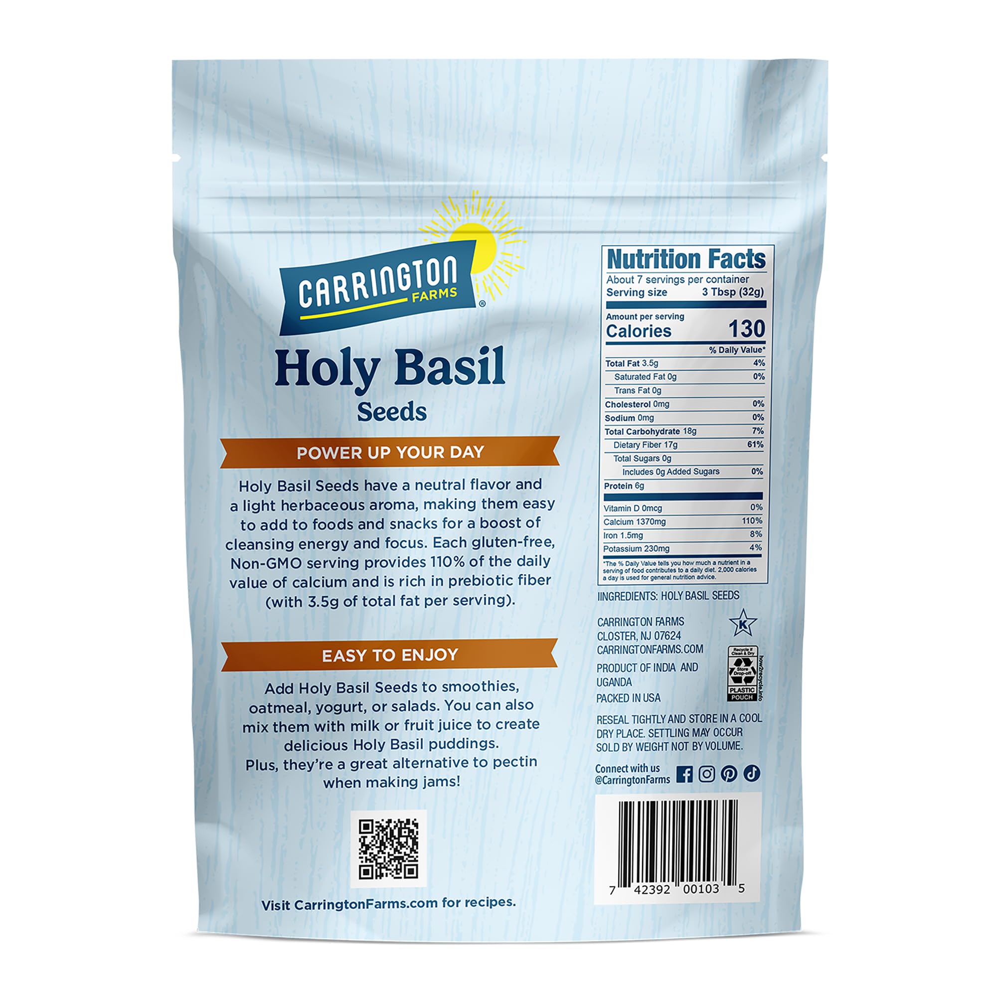 Close-up of Carrington Farms Holy Basil Seeds packaging