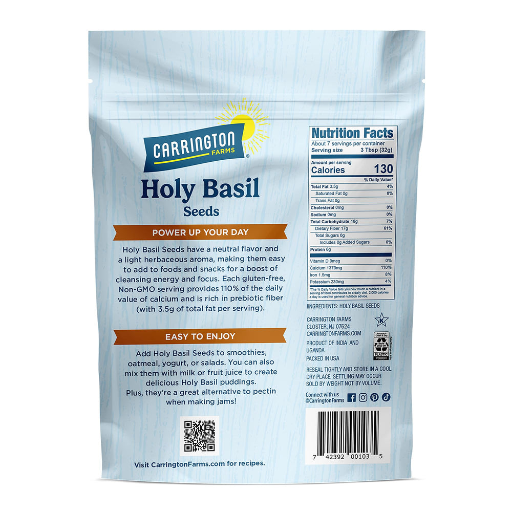Close-up of Carrington Farms Holy Basil Seeds packaging