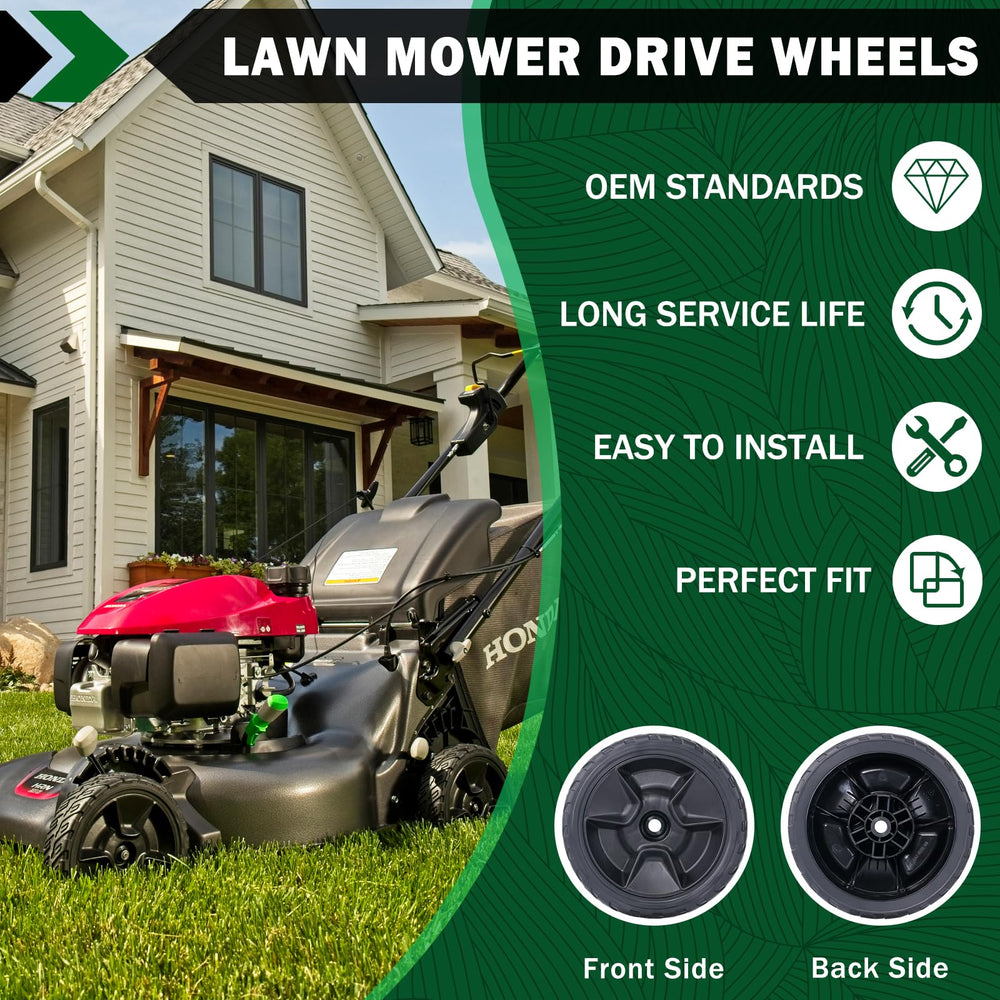 Close-up of CheeMuii lawn mower wheels with metal gear detail