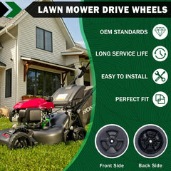 Close-up of CheeMuii lawn mower wheels with metal gear detail