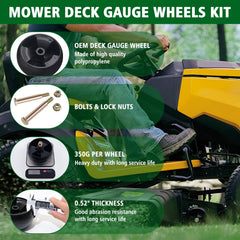 Close-up of CheeMuii mower deck wheels showing 5 inch diameter