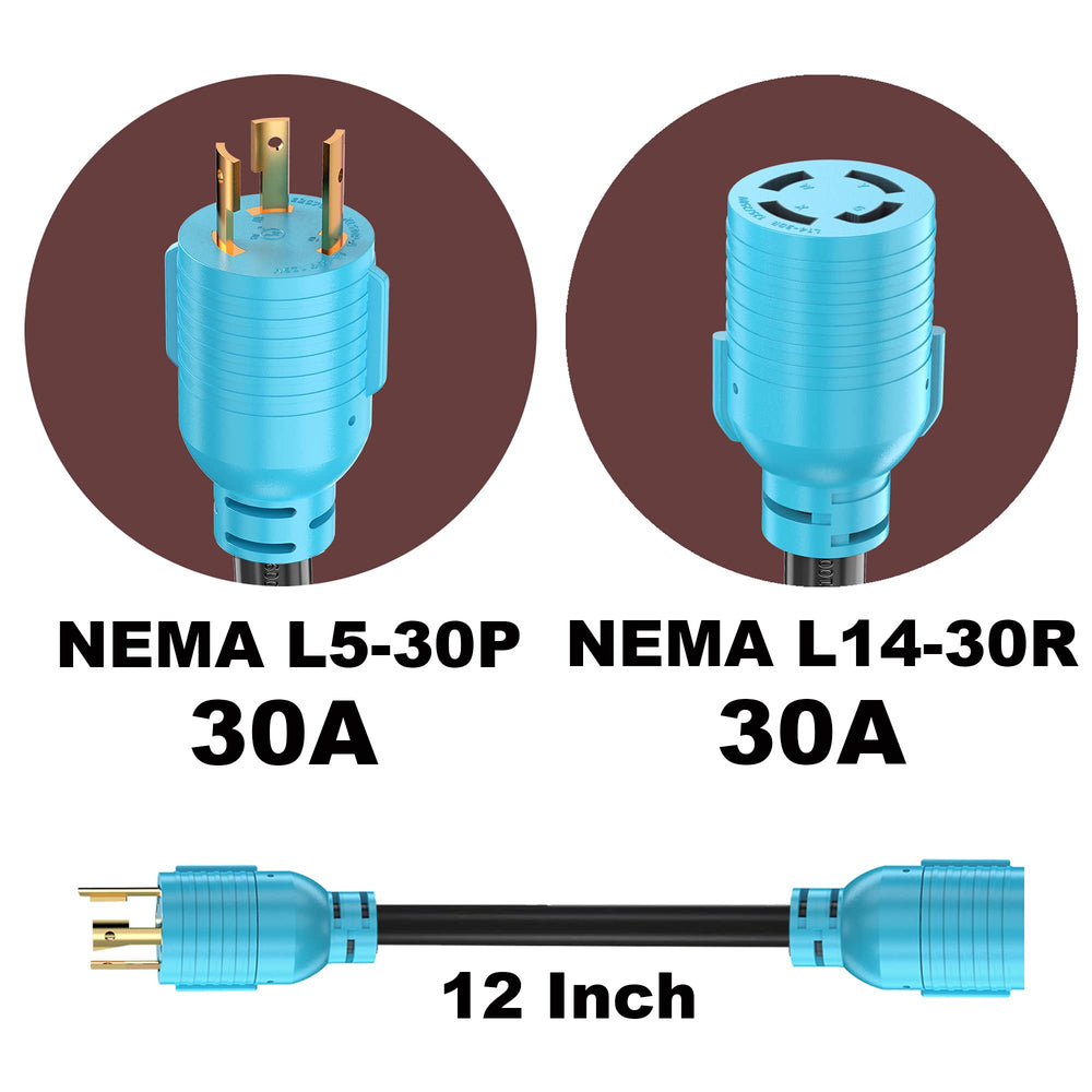 Close-up of CircleCord NEMA L5-30P plug on generator adapter