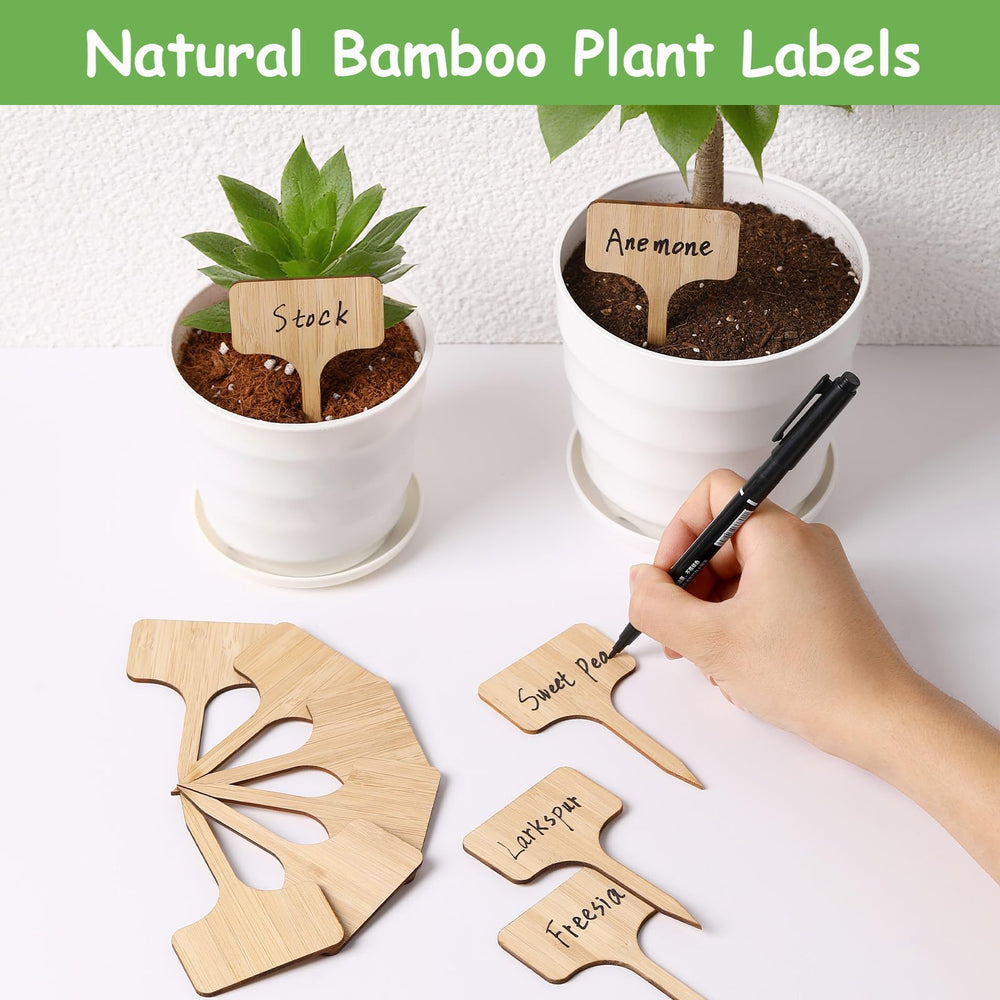 Close-up of CJFocus Bamboo Plant Labels with marker