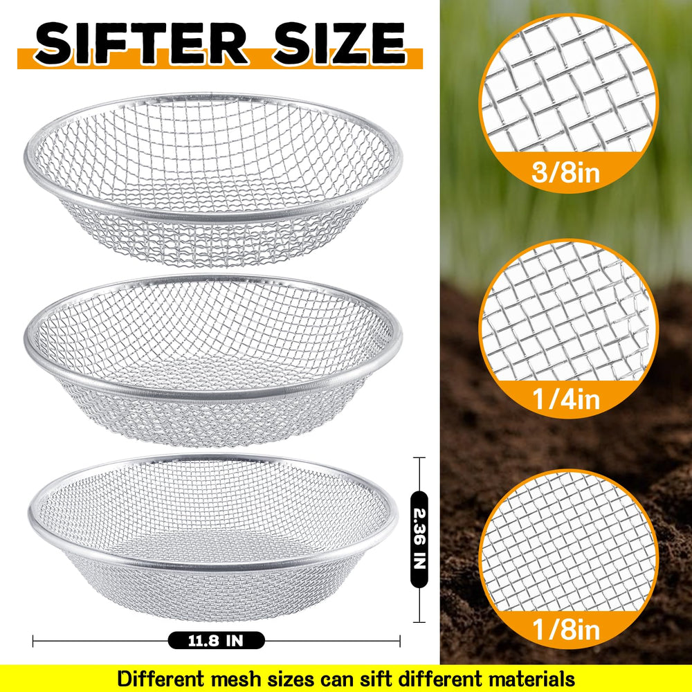 Close-up of Clebay soil sifter showing 3mm mesh