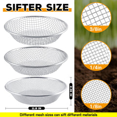 Close-up of Clebay soil sifter showing 3mm mesh