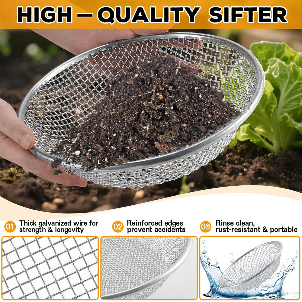 Close-up of Clebay soil sifter showing 6mm mesh