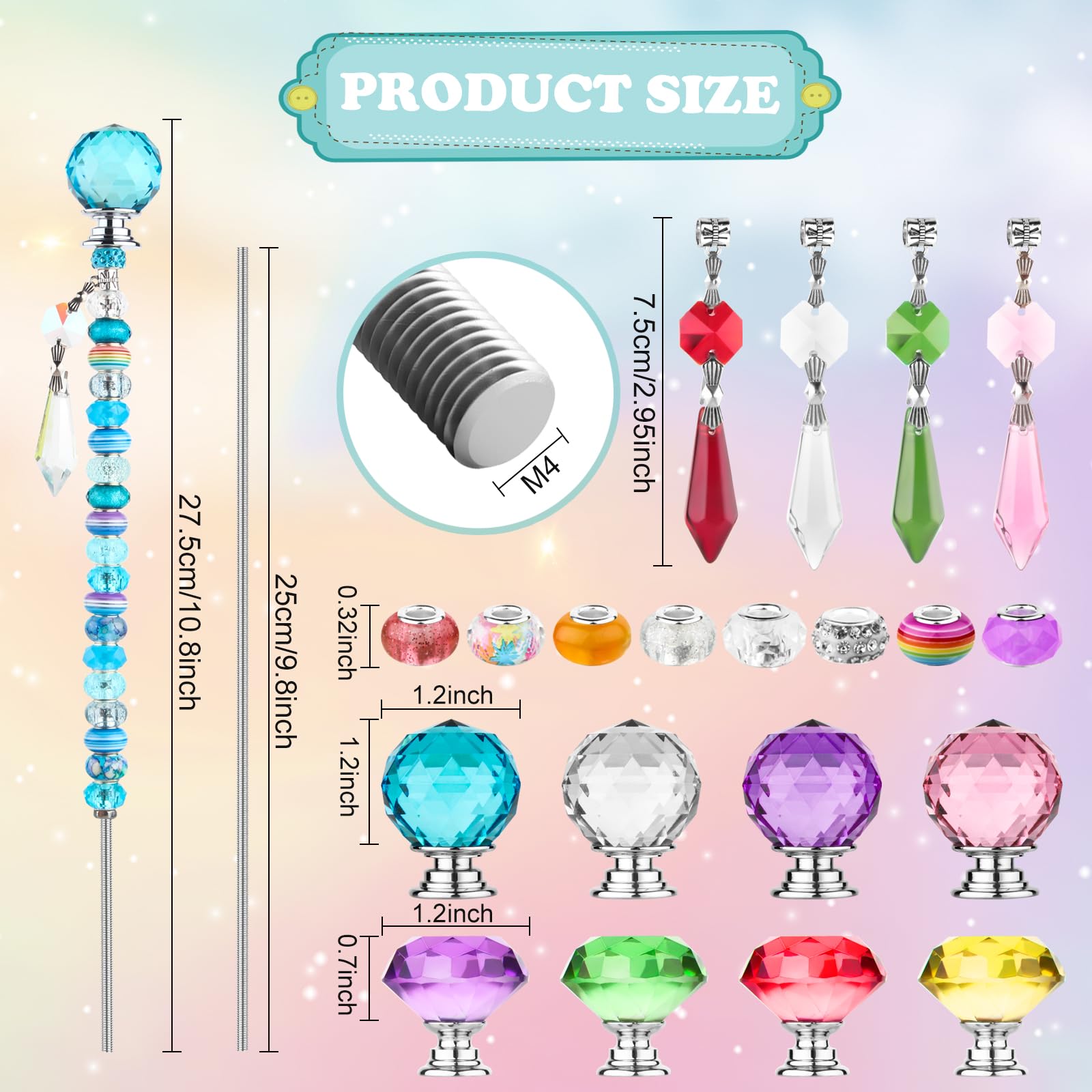 Close-up of colorful beads and crystal pendants from the kit