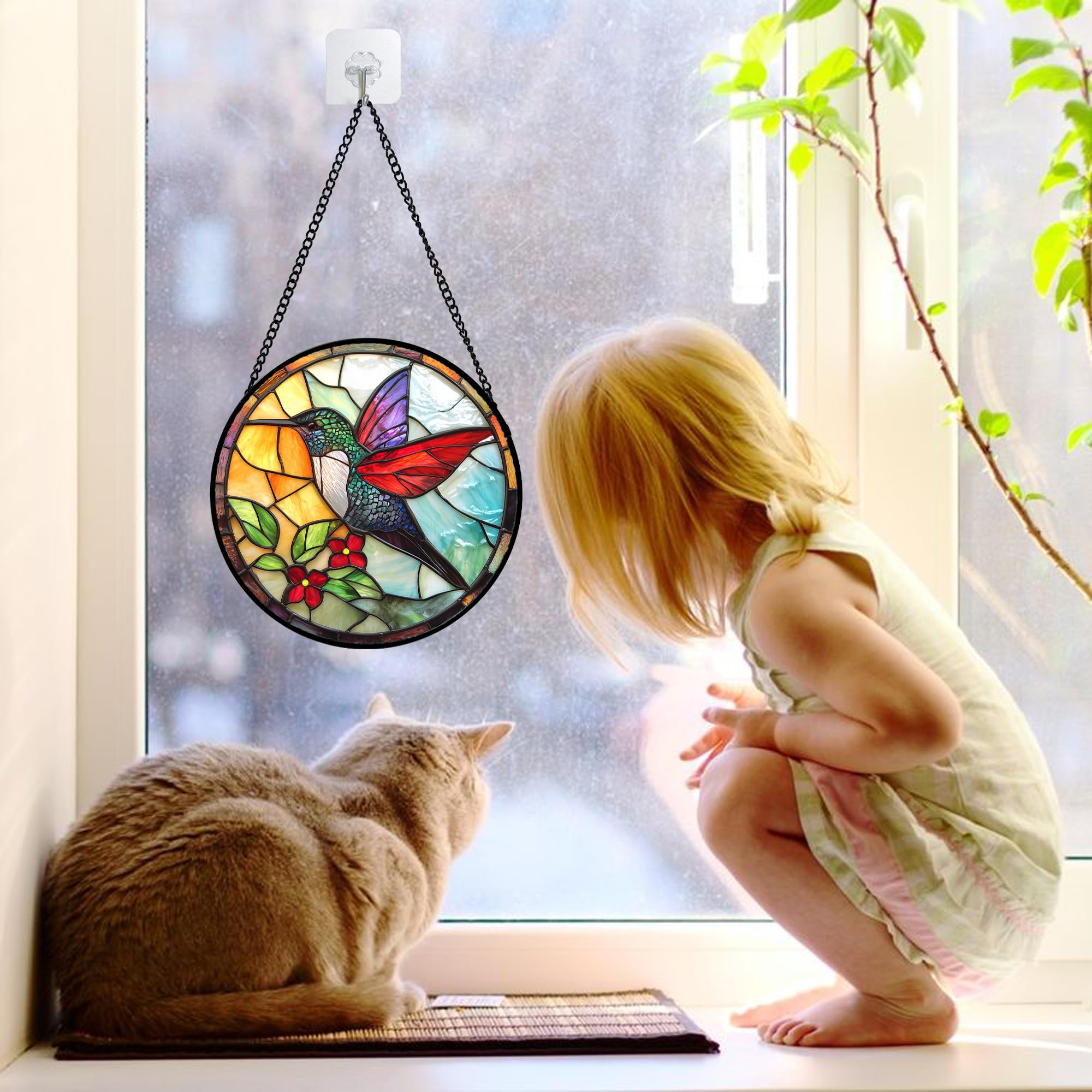 Close-up of colorful patterns on the stained glass suncatcher