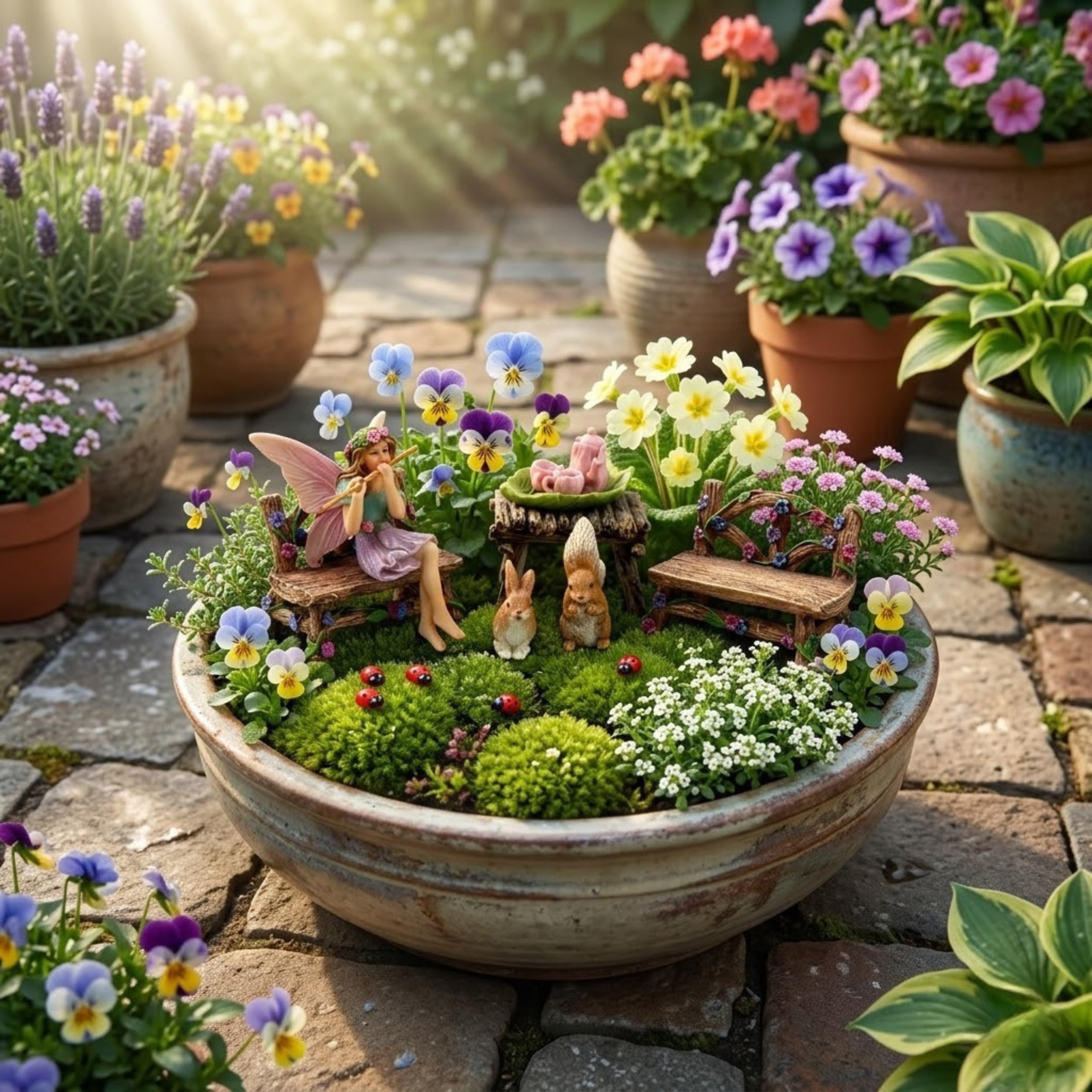 Close-up of colourful PRETMANNS fairy figurines for garden décor