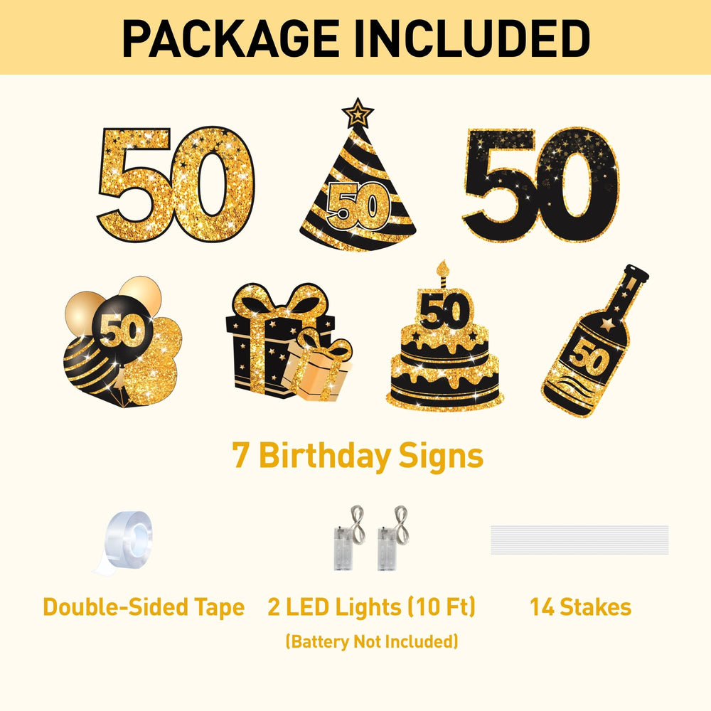Close-up of ComboJoy 50th birthday sign with gold and black design