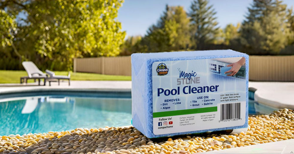 Close-up of COMPAC HOME Magic Stone Pool Cleaner showing recycled glass material