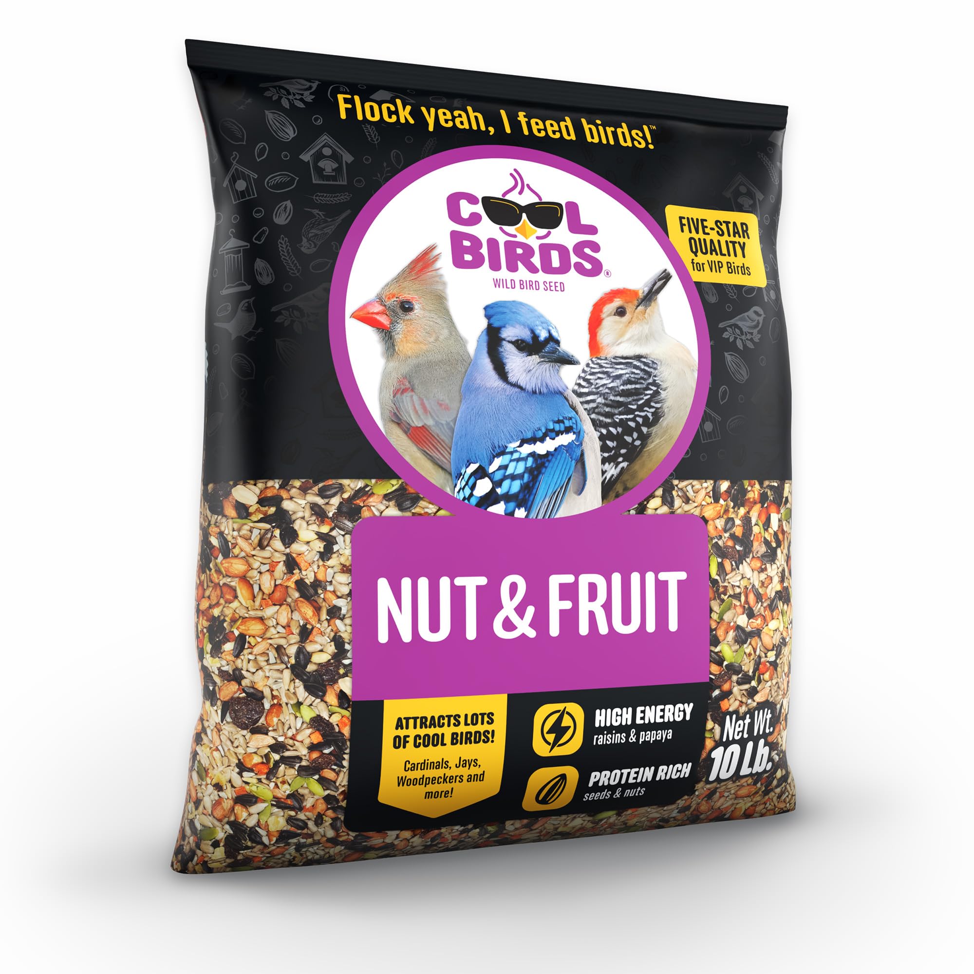 Close-up of COOL BIRDS Nut & Fruit bird seed ingredients