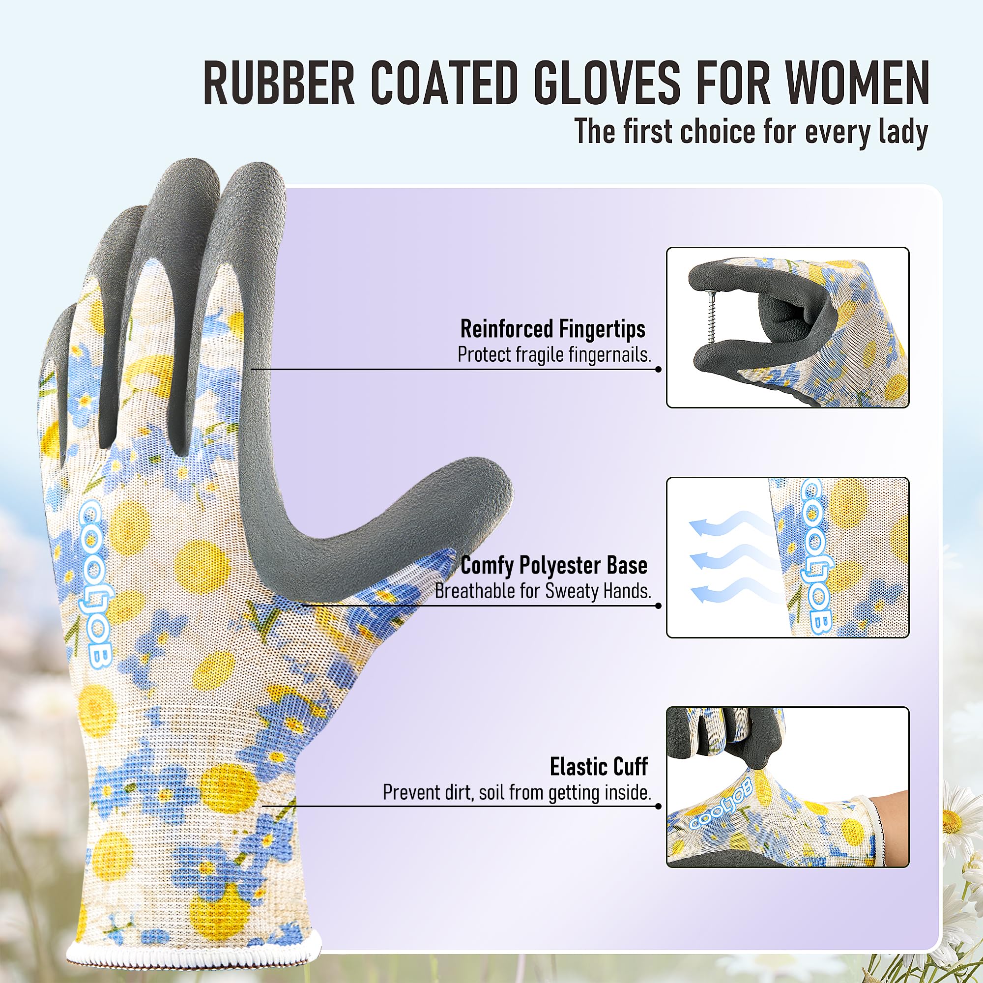 Close-up of COOLJOB Gardening Gloves fingertips showing latex coating