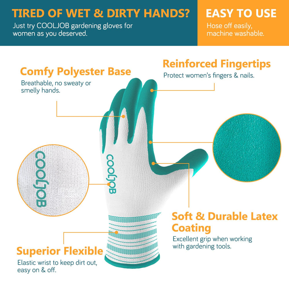 Close-up of COOLJOB gardening gloves showing breathable knitted base