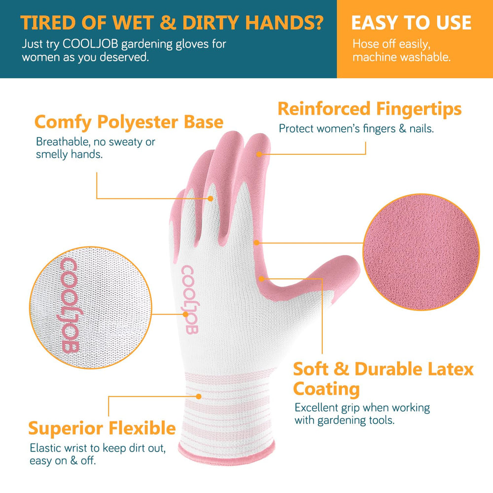 Close-up of COOLJOB gardening gloves showing flexible rubber coating
