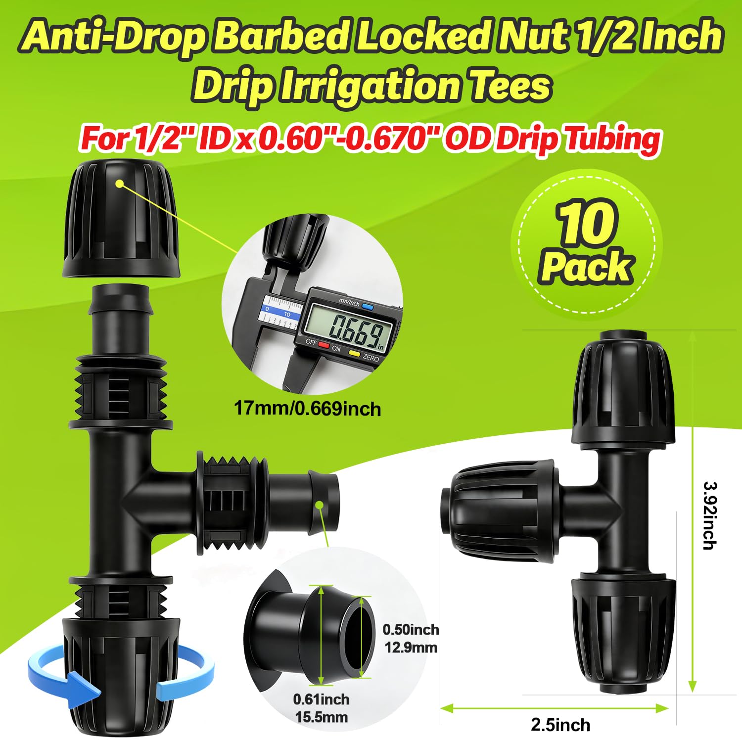 Close-up of Copadri barbed tee connector for drip irrigation
