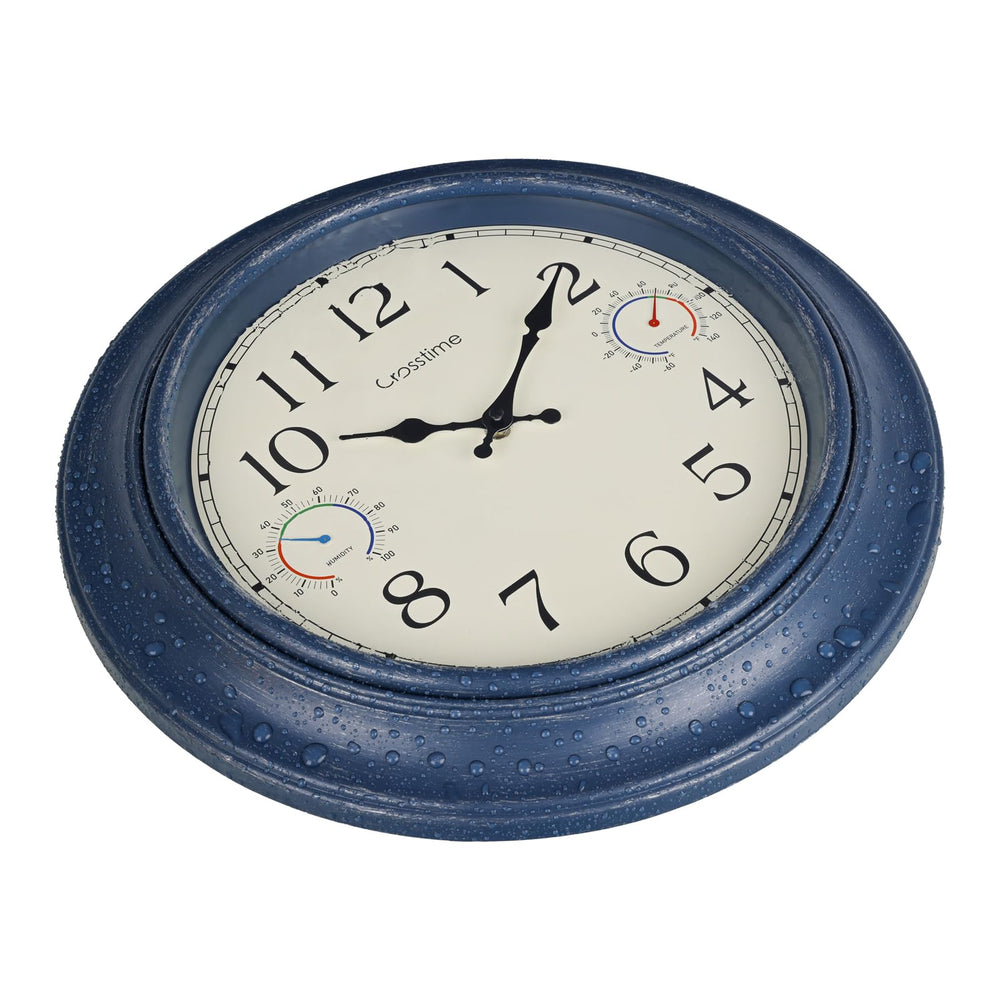 Close-up of Crosstime outdoor clock's thermometer and hygrometer features