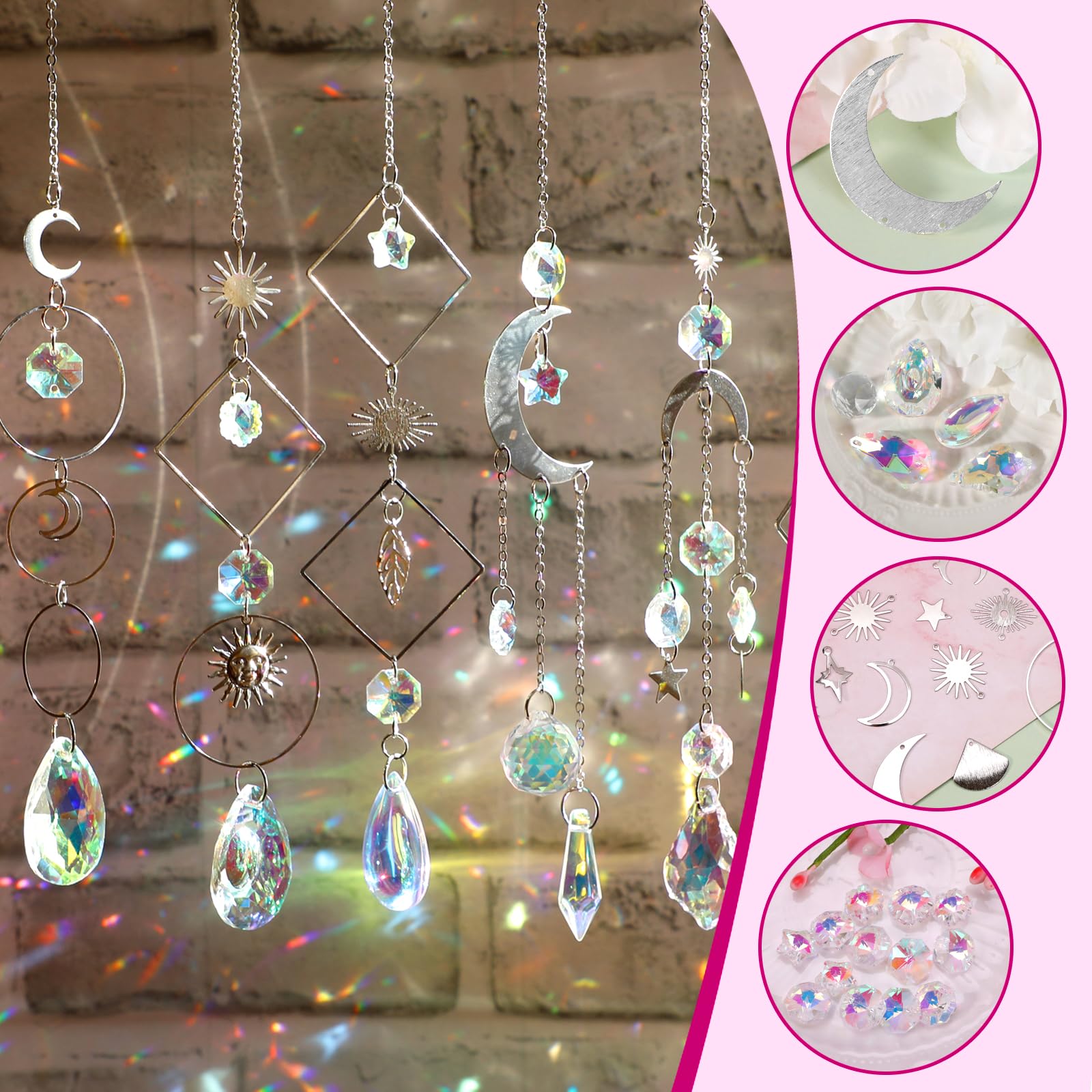 Close-up of crystal pendants and sun moon star charms