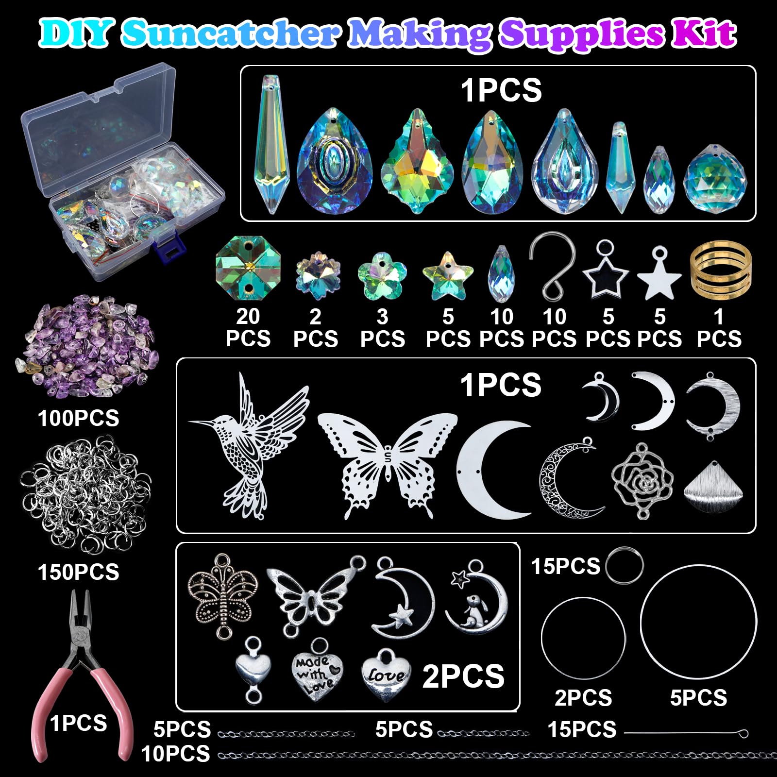 Close-up of crystal pendants in the DIY suncatchers kit