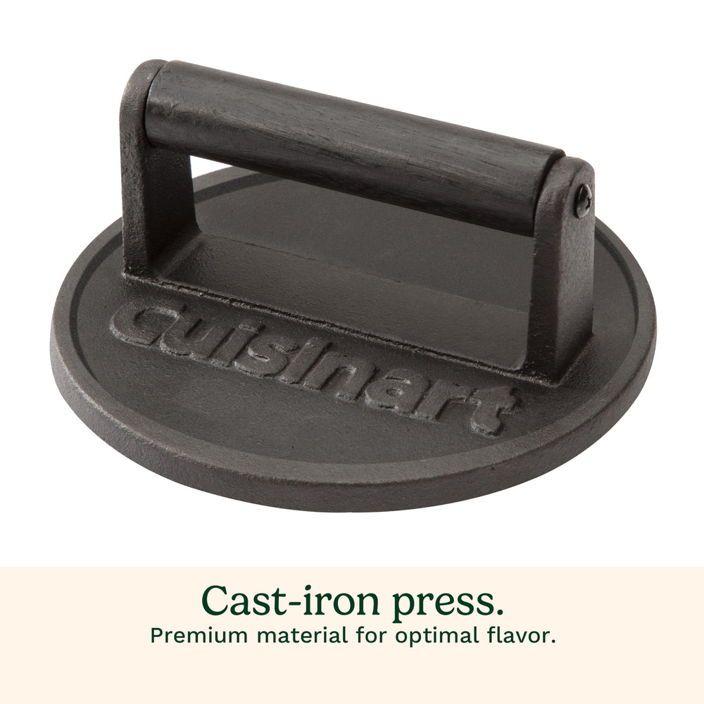 Close-up of Cuisinart cast iron burger press flat edge