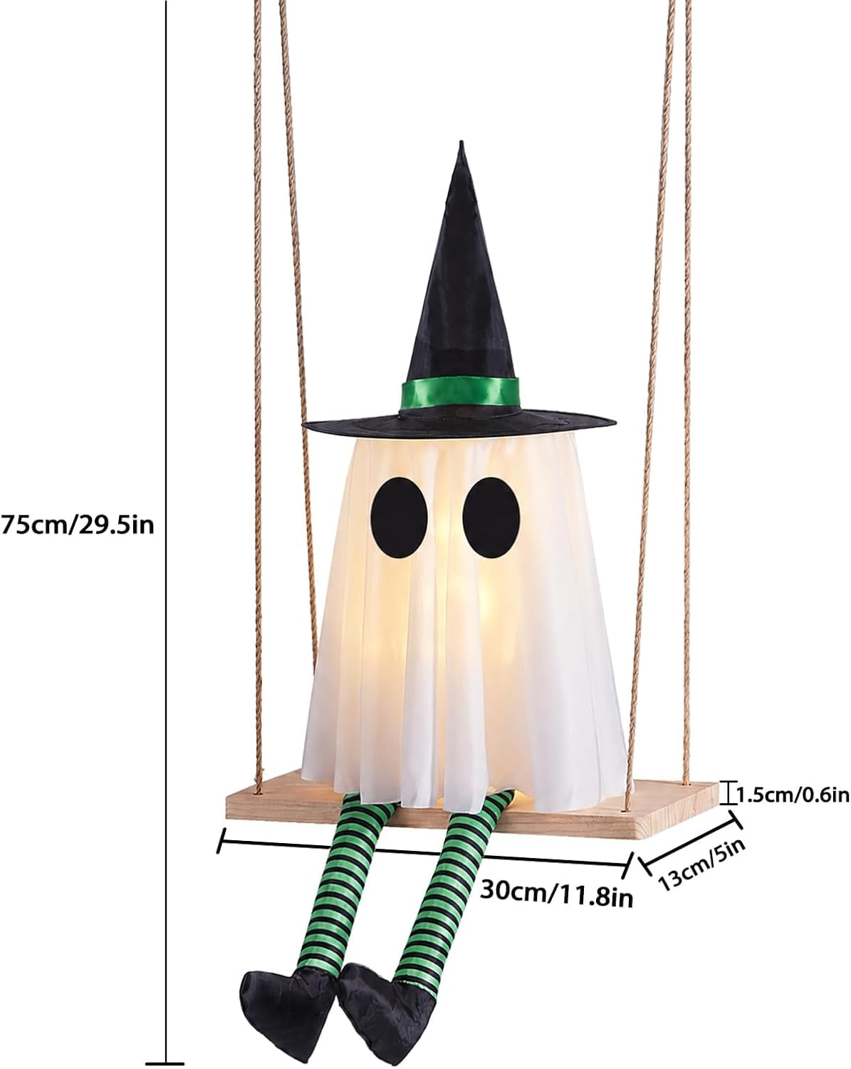 Close-up of CYSKXYI ghost swing with black witch hat and striped legs