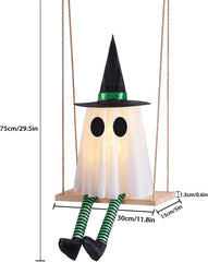 Close-up of CYSKXYI ghost swing with black witch hat and striped legs