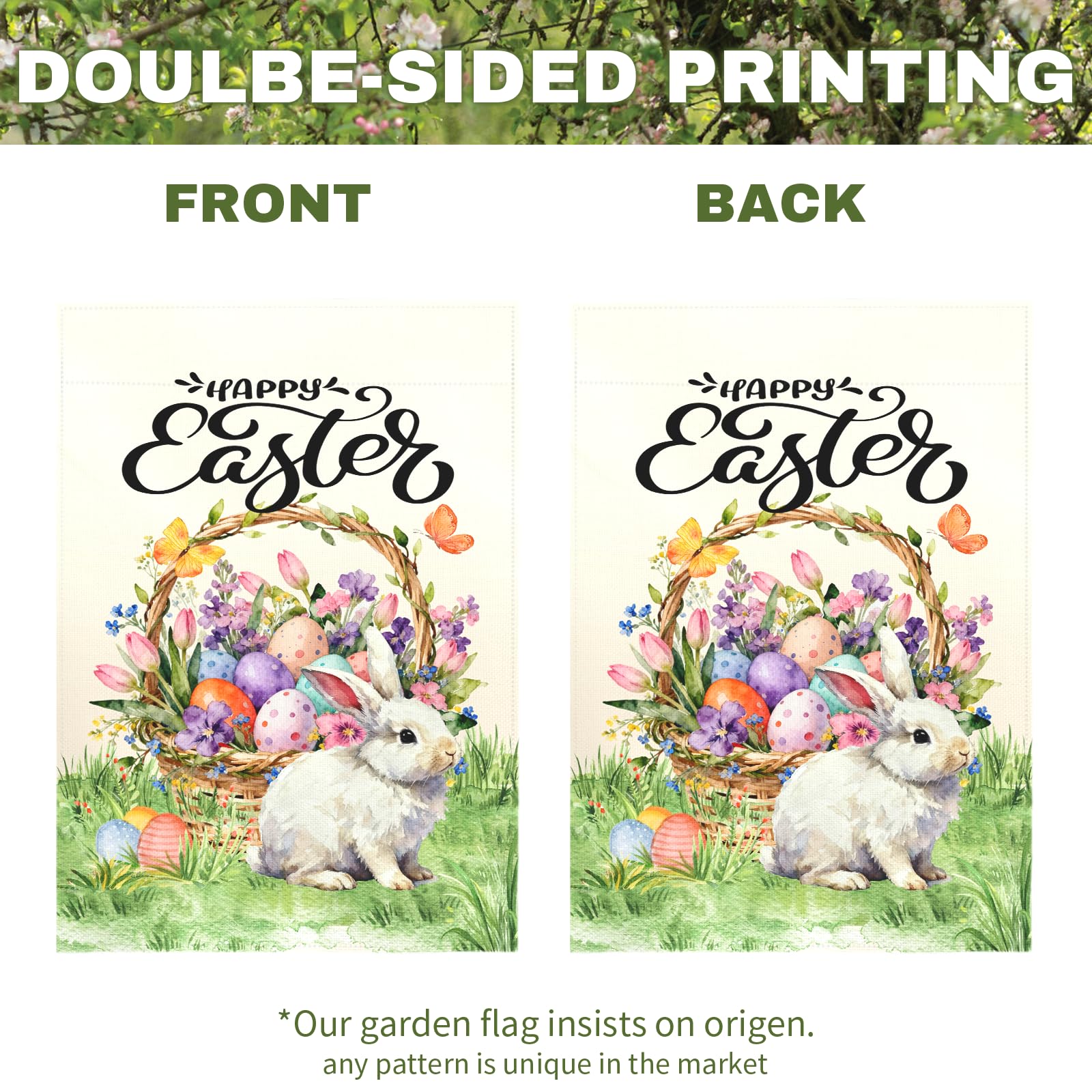 Close-up of Dacawin Easter flag showing bunny and flowers