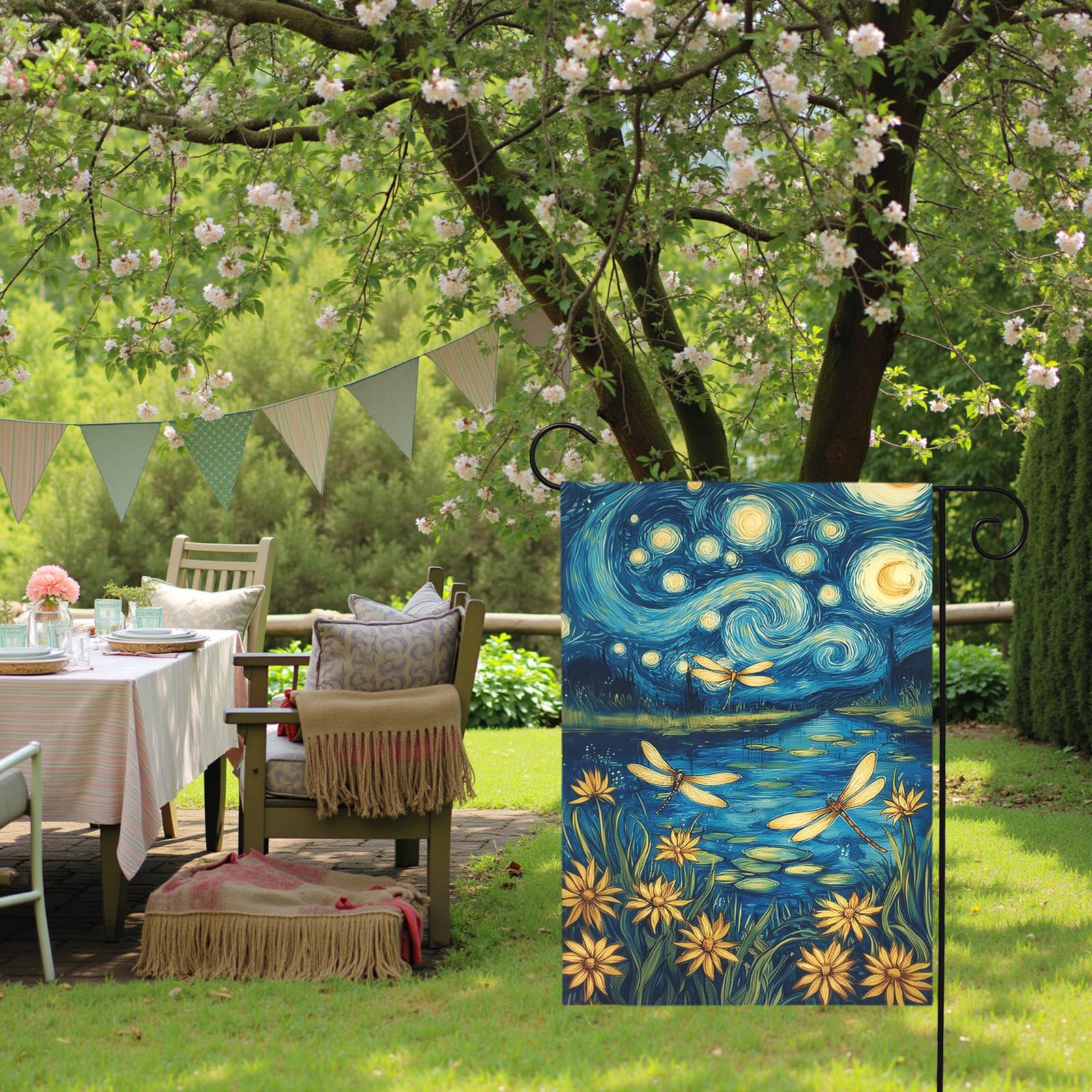 Close-up of Dacawin garden flag showing bright yellow daisies and dragonflies
