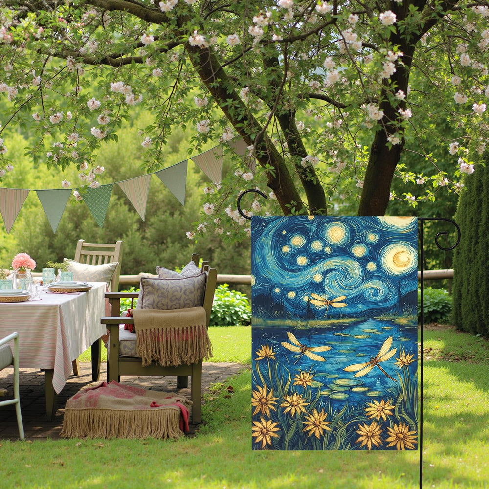 Close-up of Dacawin garden flag showing bright yellow daisies and dragonflies
