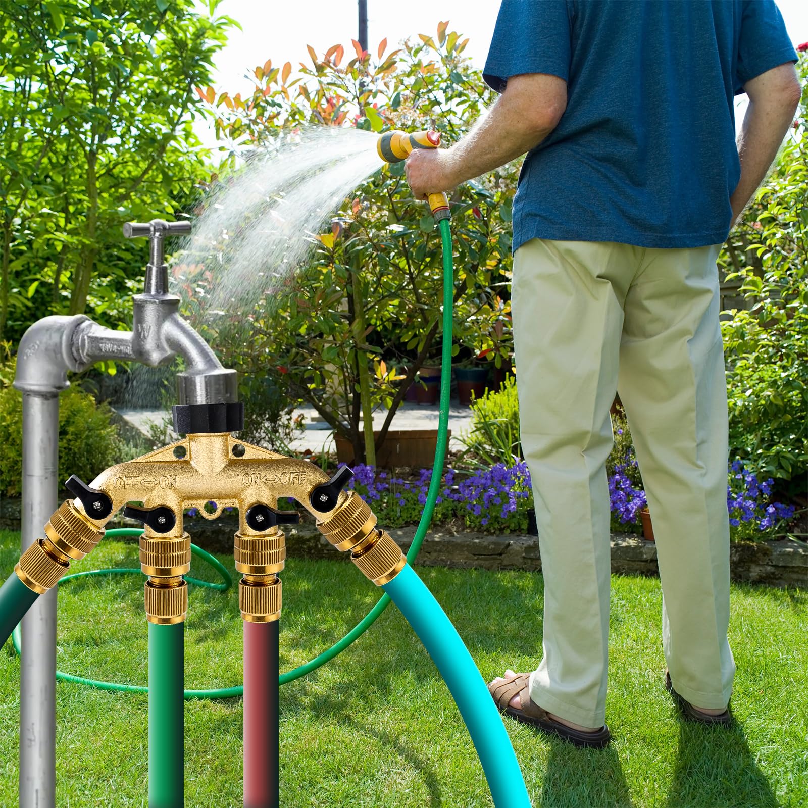 Close-up of Dalmbox Garden Hose Splitter's brass construction
