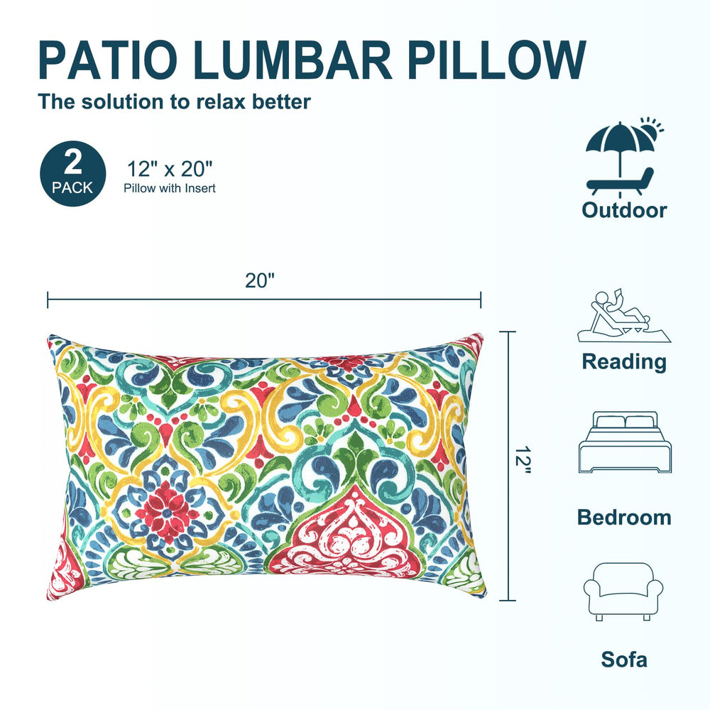 Close-up of damask red outdoor lumbar pillow fabric