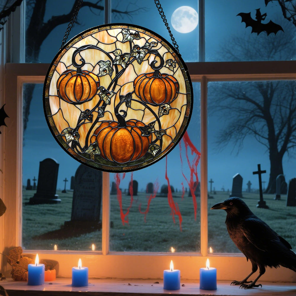 Close-up of DASTOLL orange pumpkin stained glass details