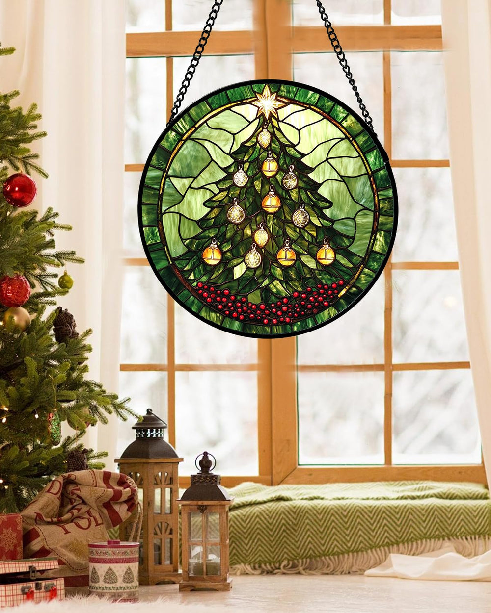 Close-up of DASTOLL stained glass suncatcher showing intricate details